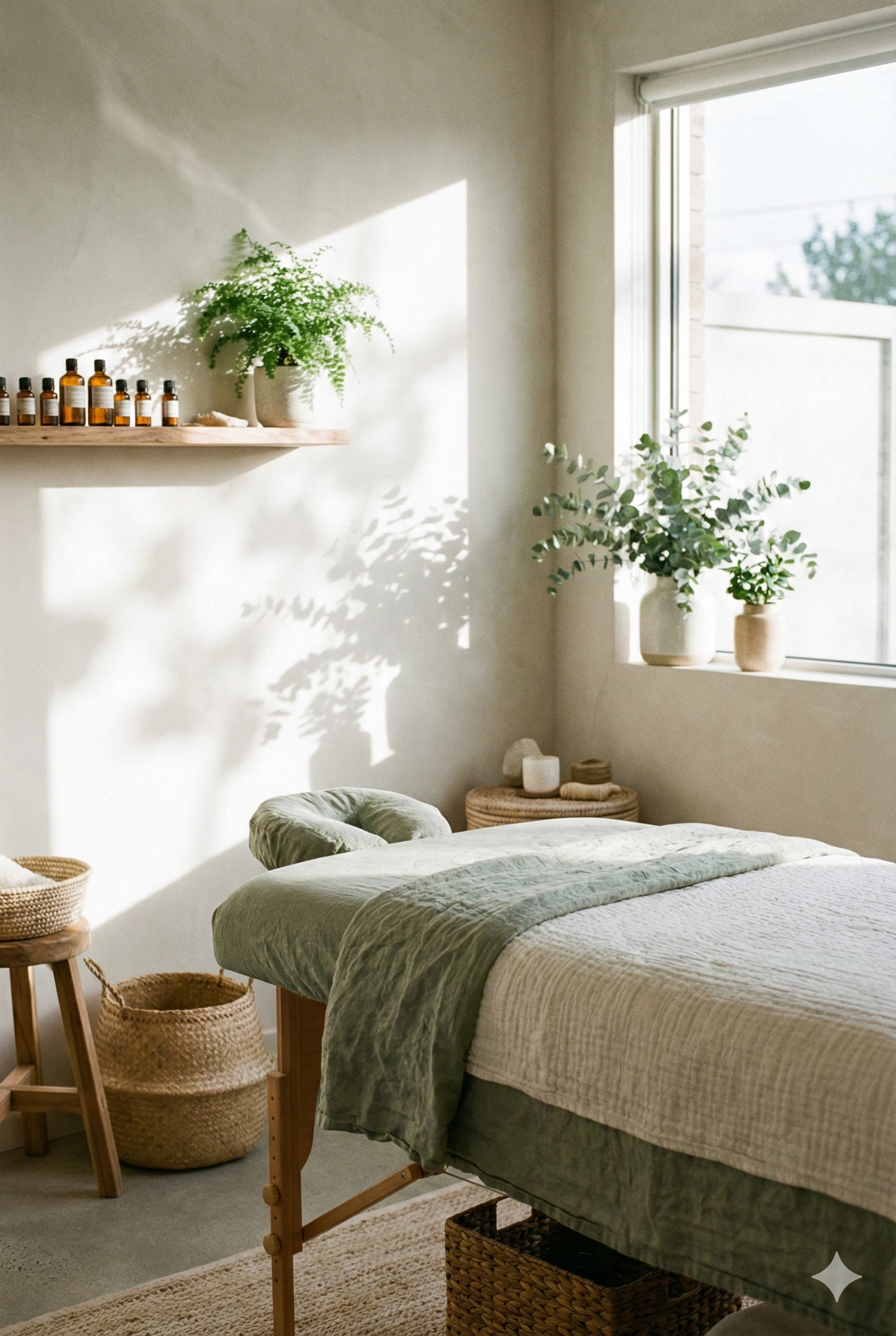 Einladender, sonnendurchfluteter Anwendungsraum der Gesundheitspraxis Johe in Tübingen, vorbereitet für eine Wellnessmassage oder Craniosacrale Körperarbeit.